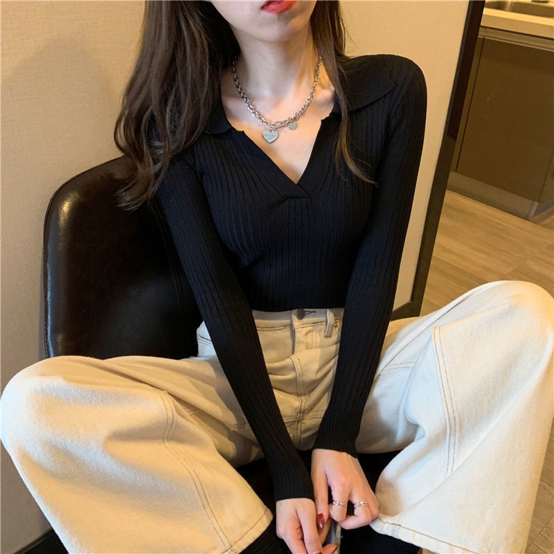 COZOK Áo thun dệt kim tay dài cổ polo màu kẹo ngọt