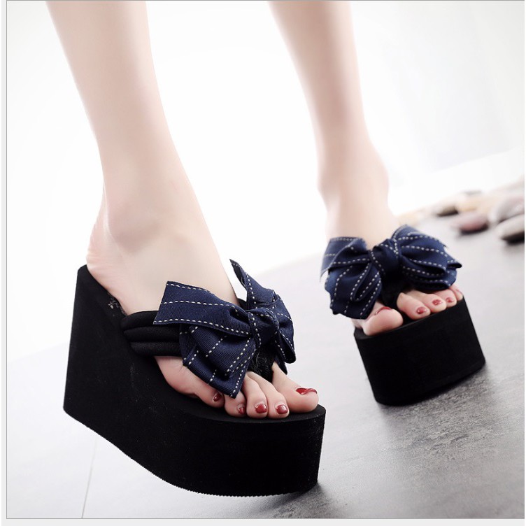 (SẴN HÀNG) Dép Kẹp Tông Nữ Xỏ Ngón Đế Cao 6cm Quai Đính Nơ Chống Trượt