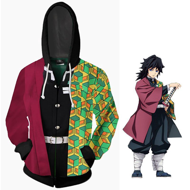 Áo khoác hoodie phối dây kéo phong cách Anime Demon Slayer Kimetsu no Yaiba Kamado Tanjirou Nezuko