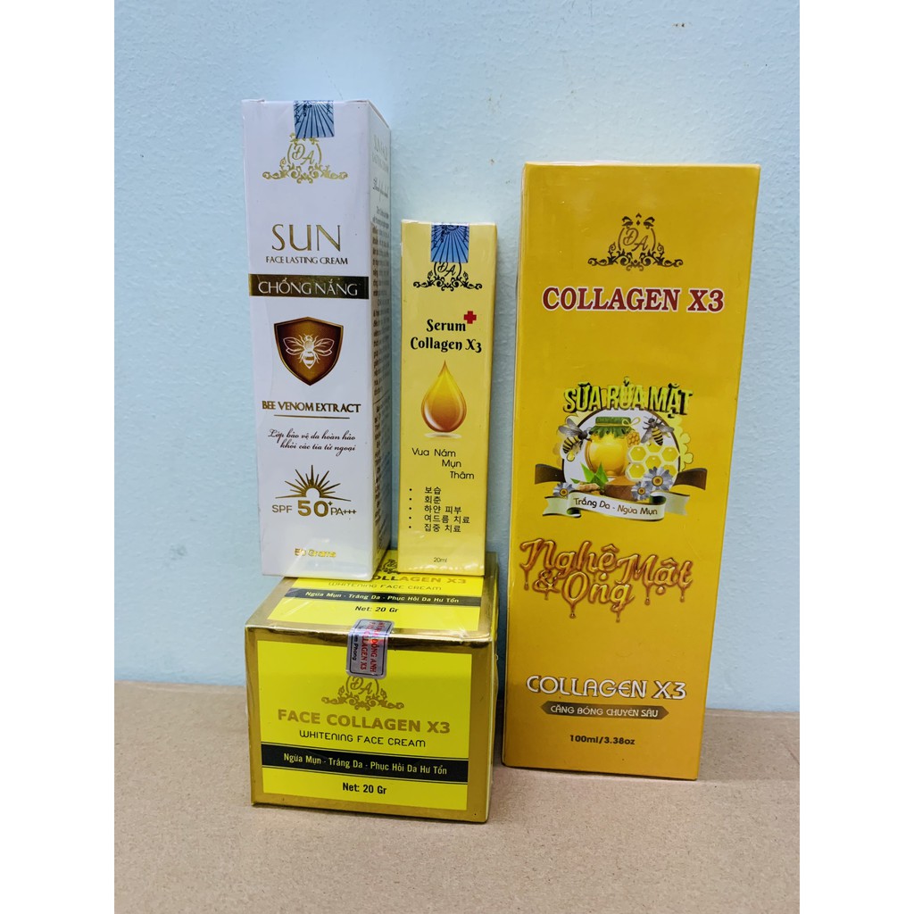 Combo Kem face Collagen X3 Luxury + Serum căng bóng da + Kem chống nắng + Sauwx rửa mặt Mỹ phẩm Đông Anh
