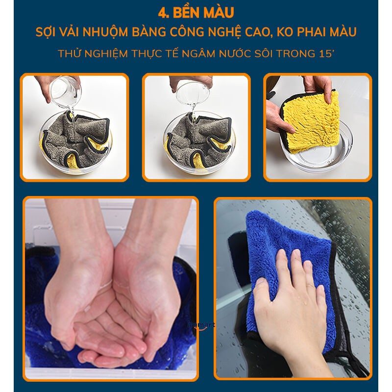 [3 MÀU 30x40cm] Khăn Lau Ô Tô Khăn Lau Đa Năng Hamart Siêu Thấm Hút Khăn Microfiber Cao Cấp