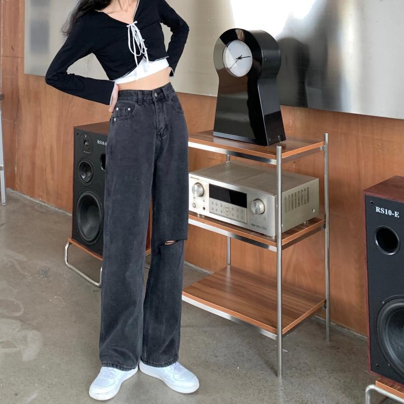 Xiaozhainv Quần Denim Nữ Lưng Cao Rách Gối Cá Tính Phong Cách Hàn Quốc
