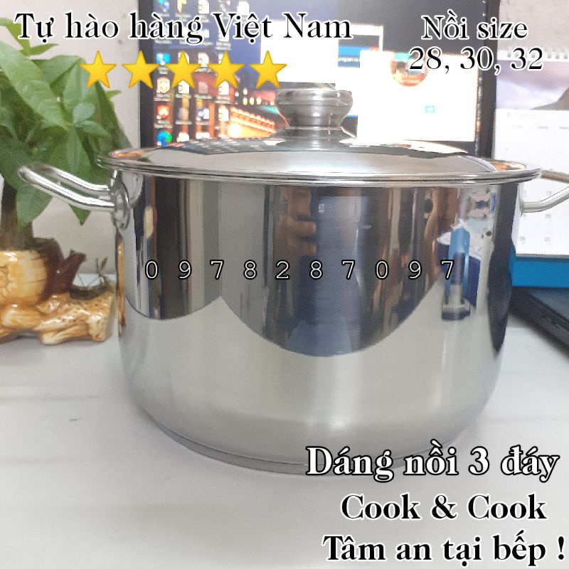 [CHÍNH HÃNG] Nồi luộc gà 3 đáy Vietcook inox 430 đủ size 24cm, 26cm, 28cm, 30cm, 32cm sử dụng được trên bếp từ