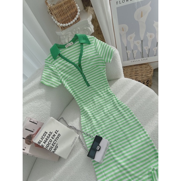 ĐẦM MIDI BODY SỌC XANH CỔ POLO