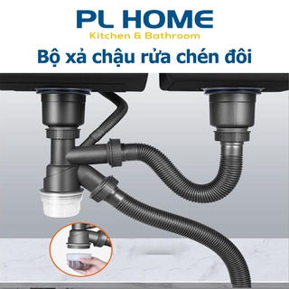 Bộ xả chậu rửa chén đôi D110mm, ống xả thoát nước lớn, bầu xả cặn hạn chế tắc nghẽn
