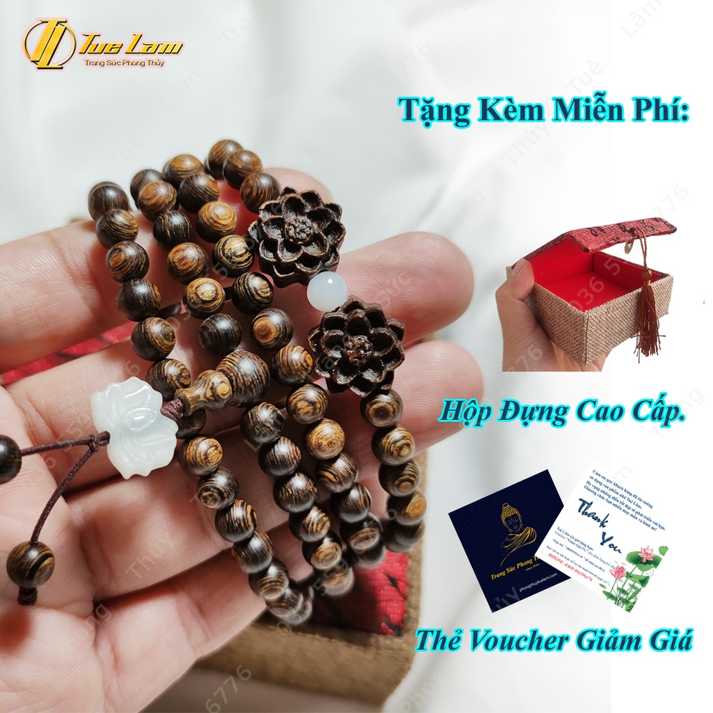 Vòng Tay Trầm Hương Sánh Chìm Chuỗi 108 Hạt Size 6 Li Mix Hoa Sen Bình An May Mắn - Tuệ Lâm