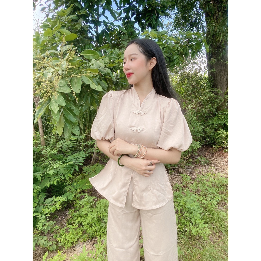 Đồ Lam Đi Chùa - Bộ Đi Lễ Chùa Nữ Cổ Tim Phối Nút Tàu Tròn Thủ Công Vải Lụa Tay Phồng AL037