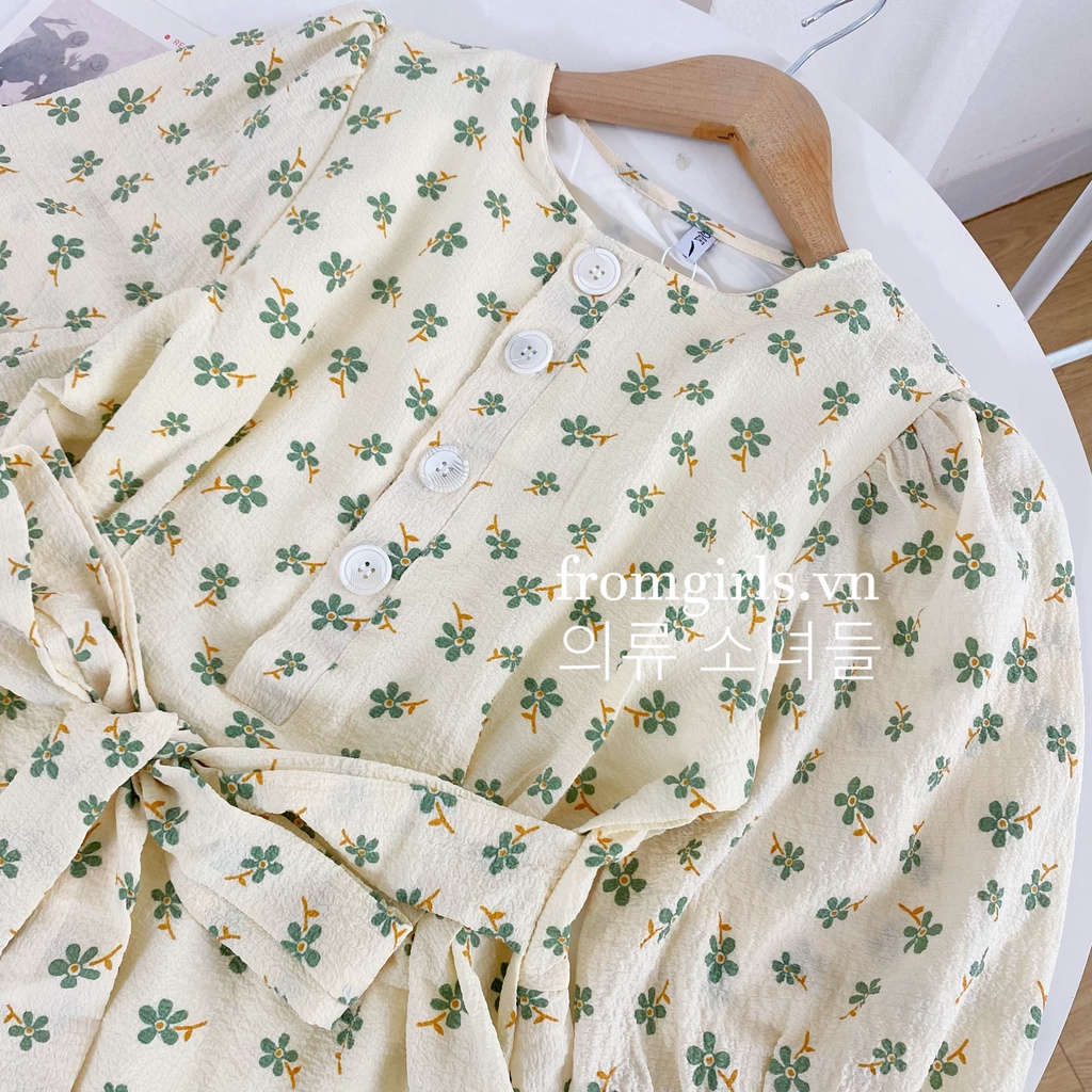Váy hoa nhí vintage, đầm hoa nhí dáng dài tay phồng có dây buộc eo - V55