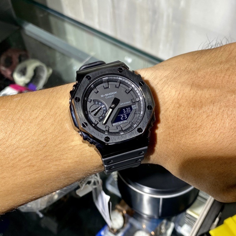 Đồng hồ nam Casio G-shock GA-2100-1A1 custom viền thép đen [ Trạm Thời Gian ] - Kích thước vỏ : 48,5×45,4×11,8mm