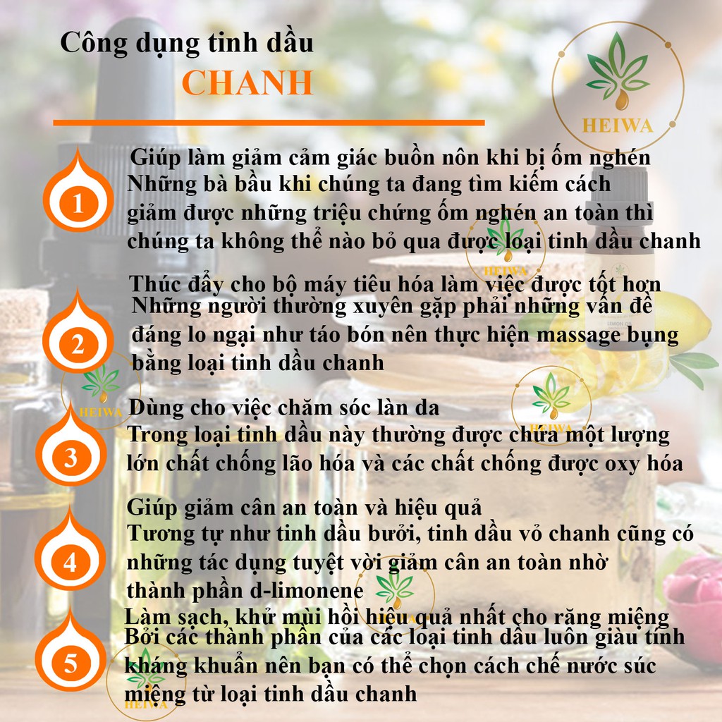 [NGUYÊN CHẤT100%]Tinh dầu Chanh HEIWA nhập khẩu Ấn Độ có giấy kiểm định, treo xe, xông phòng, khử mùi tốt dung tích10ml