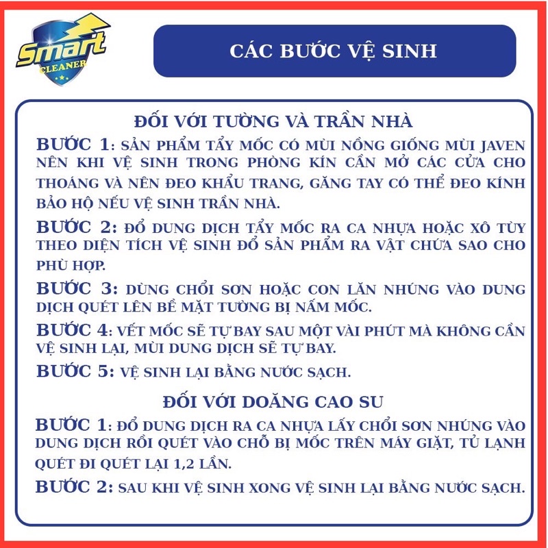 Chất tẩy mốc Smart, tẩy mốc trên mọi vật liệu như tường, gỗ, vải, cao su