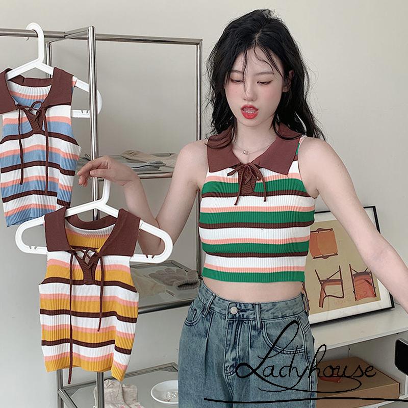 Áo Croptop Hai Dây Dệt Kim Họa Tiết Kẻ Sọc Nhiều Màu Sắc Thời Trang Mùa Hè Cho Nữ