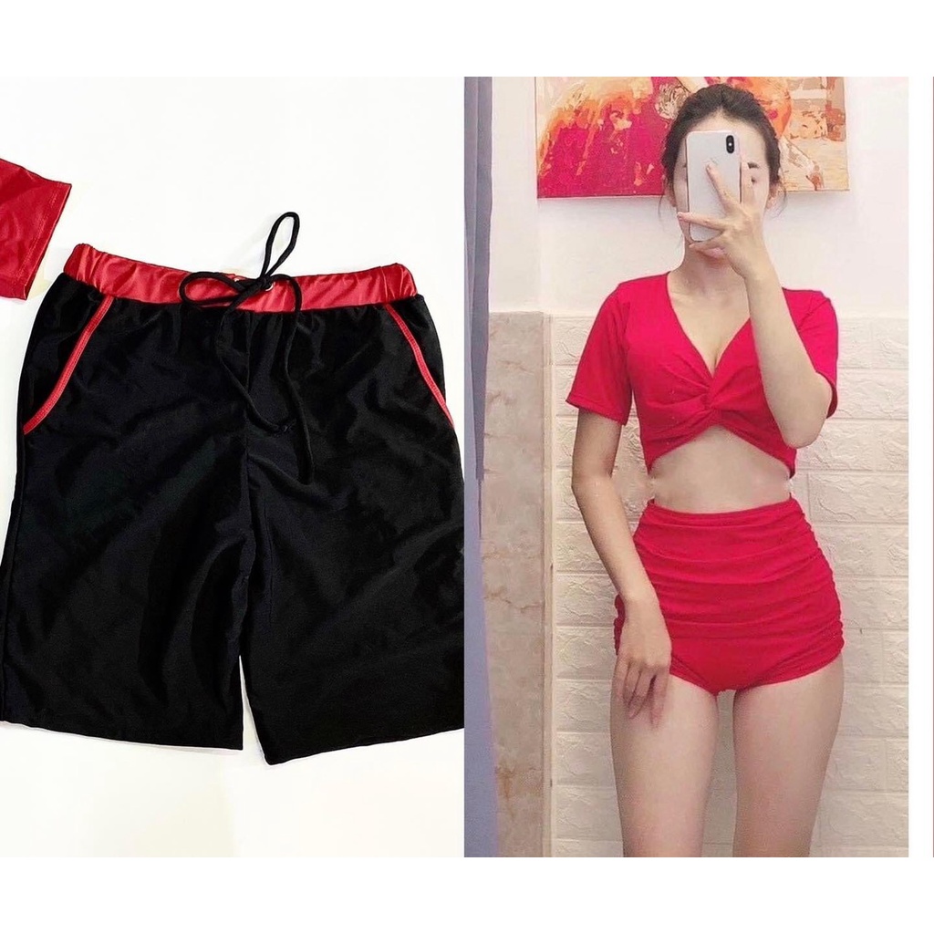 [ĐỒ BƠI ĐÔI NAM NỮ VẢI THUN ĐỒ BƠI KOREA CAO CẤP] Bikini couple nam nữ quần nam mix bikini tay ngắn xoắn kèm mút lót
