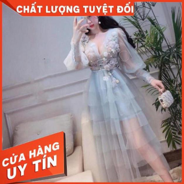Đầm dự tiệc xếp tầng tay dài kết hoa nổi và cườm ngọc -Size S/M/L/XL (có ảnh/video thật) MS27V