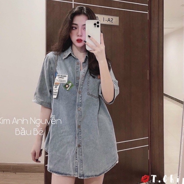Áo sơ mi nữ Thêu Xanh Ngắn Tay có túi cực HOT - Sơ ni jeans Form Rộng Đủ size - Thời Trang Thiết Kế N.U Store Trẻ Trung.