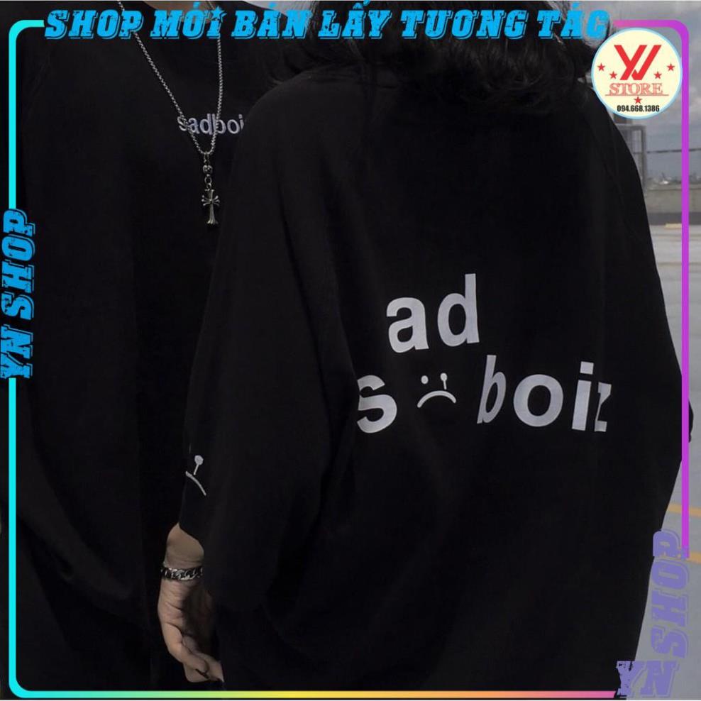 Áo thun nam nữ cổ tròn tay lỡ, Áo phông Form rộng Unisex, Áo thun sad boiz cá tính tay thêu mặt mếu *