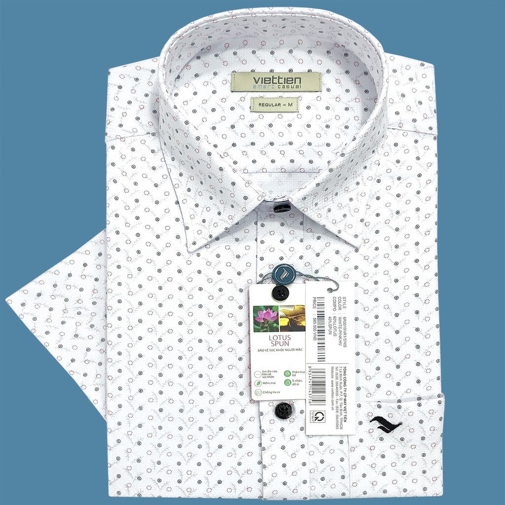 Viettien - Áo sơ mi nam ngắn tay xẻ tà lai ngang họa tiết 6R0019 dáng rộng regular