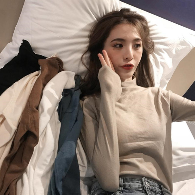 2020 autumn half high neck slim fit autumn and winter bottoming shirt all-match long-sleeved T-shirt women clothes top | BigBuy360 - bigbuy360.vn