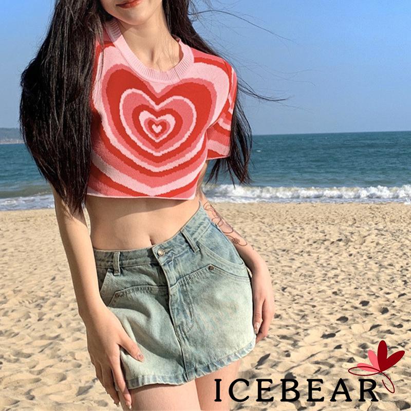 Áo Thun Crop Top Tay Ngắn Cổ Tròn In Hình Trái Tim Thời Trang Đường Phố Cho Nữ