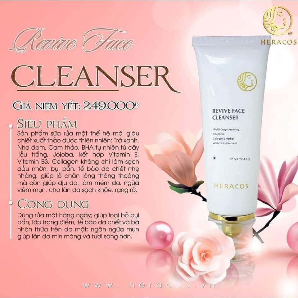 [+QUA 90k]Sữa rửa mặt làm sạch HERACOS REVIVE FACE CLEANSER trắng da ngừa mụn ít bọt không gây khô da.