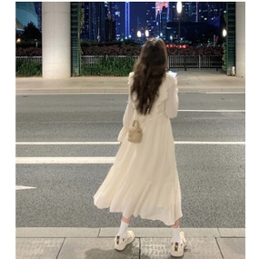 Váy nữ dáng dài tay xòe bèo nhún ôm eo phong cách mùa thu Hàn Quốc