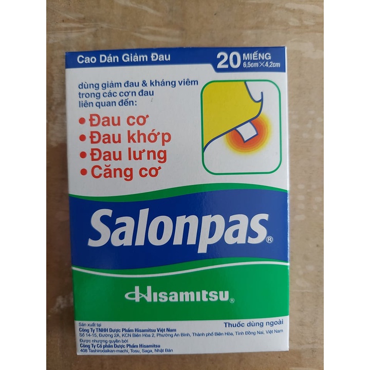 [mã IC0915 giảm 100%] MIẾNG DÁN GIẢM ĐAU SALONPAS ( GÓI 10 MIẾNG HỘP 20 MIẾNG)