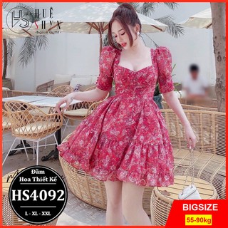 Đầm hoa thiết kế bigsize 55-90kg cao cấp HS4092 - Dáng váy xòe, đi tiệc, đi biển bigsize cho người mập - màu xanh hồng