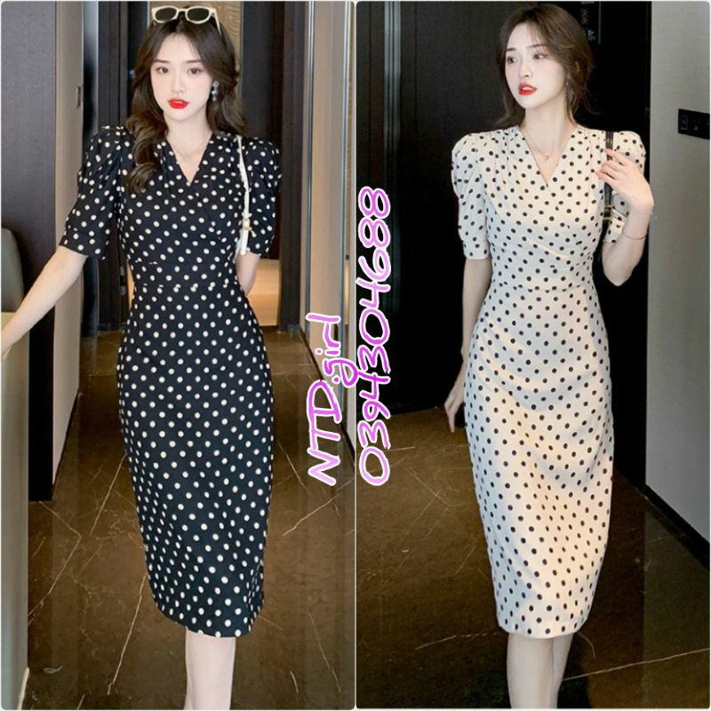 Hàng nhập - Đầm dáng ôm voan lụa chấm bi cổ V, váy body dự tiệc hay công sở đều rất xinh