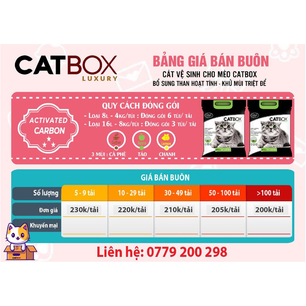 Cát vệ sinh cho mèo bổ sung than hoạt tính CATBOX túi 8L