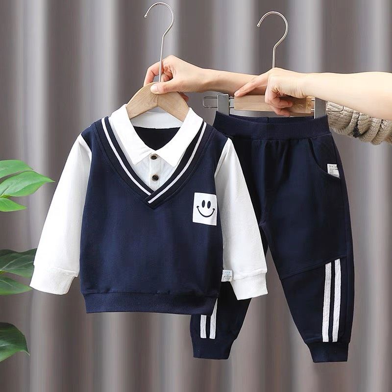 Bộ nỉ cho bé áo giả gile cổ tim Đồ bộ thu đông dài tay bé trai chất da cá tàu 1 2 3 4 5 6 tuổi