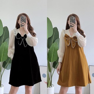 Váy suông nhung kèm nơ cổ, dáng đầm xuông chữ A, Freesize, 2 màu, mã V975 - Michi's House
