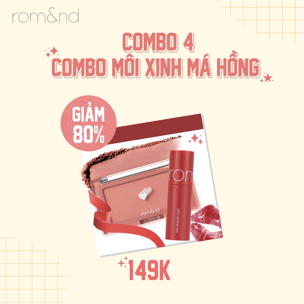 COMBO MÔI XINH MÁ HỒNG Rom&amp;nd Better Than Cheeks + Mini Best Tint 6g