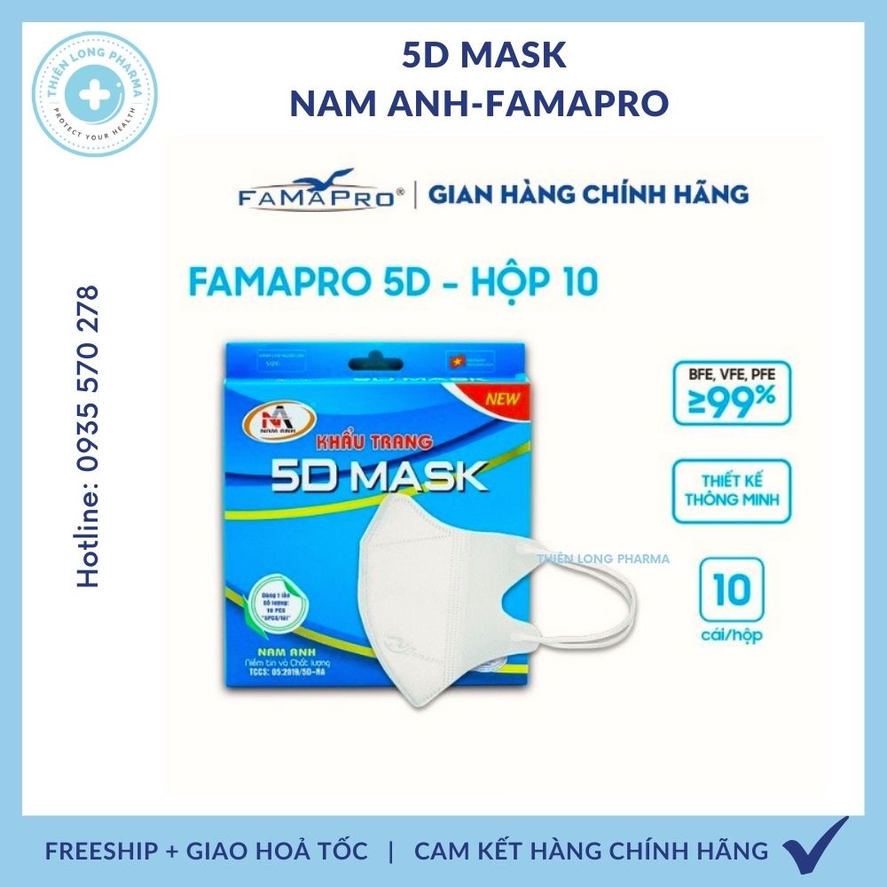 [Hộp 10 cái] Khẩu trang 5D mask FAMAPRO quai thun khẩu trang y tế kháng khuẩn dày 3 lớp vải không dệt