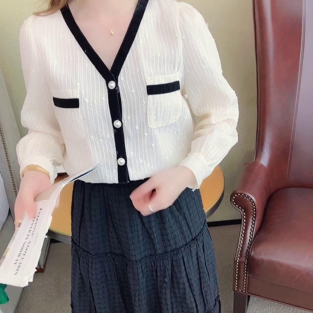 Áo sơ mi cổ chữ V phối ren thời trang thu đông hàng mới 2021