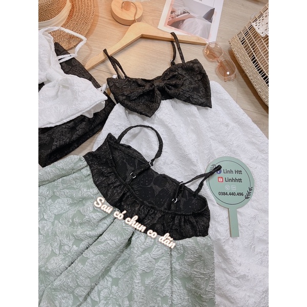 Váy 2 dây gấm babydoll nơ ngực freesize