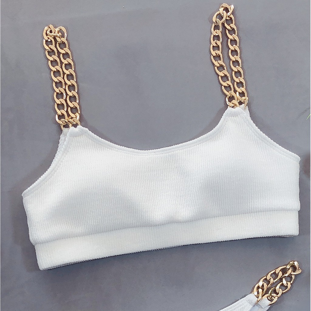 Set bikini 2 món màu trơn có mút nâng ngực phối chuỗi xích bằng kim loại thời trang quyến rũ cho nữ H159 | BigBuy360 - bigbuy360.vn