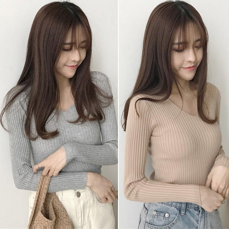 Áo dệt kim nữ tay dài cổ chữ V dáng ôm sành điệu | BigBuy360 - bigbuy360.vn