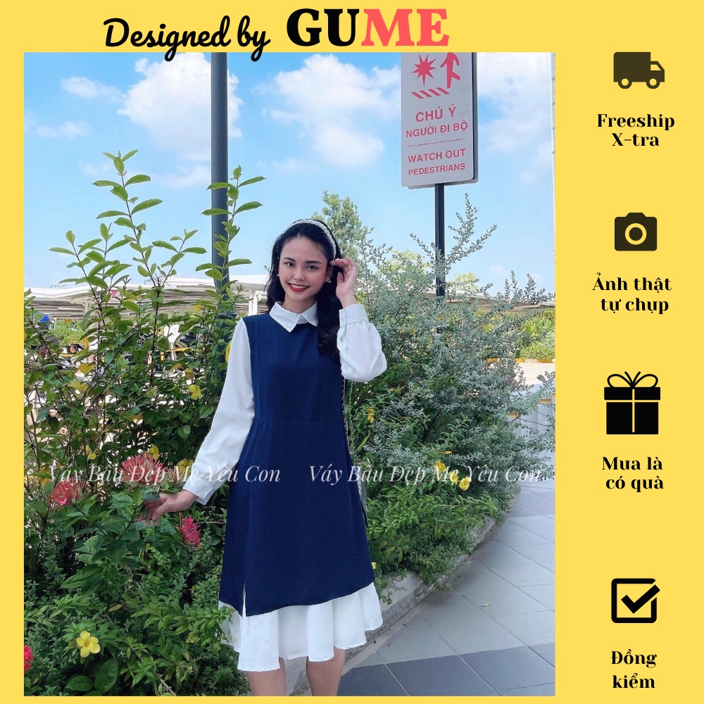 Đầm Bầu Công Sở - Váy Bầu GUME 2 màu đen,xanh than dáng suông Xẻ Sươn Phối Trắng Điệu Đà chất vải sạn lụa MB1283