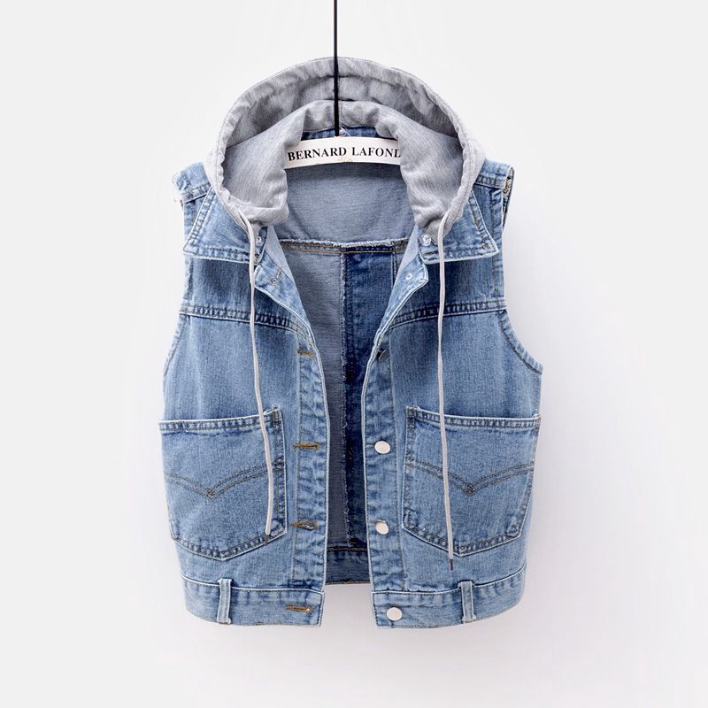 Áo khoác jean denim sát nách ngắn có nón mỏng dáng rộng đa năng thời trang xuân thu mới cho nữ 5XL - Hàng nhập khẩu