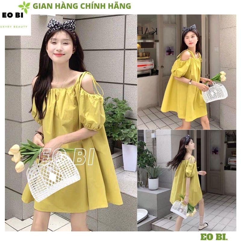 Váy babydoll nữ 2 dây trễ vai tay bồng dễ thương- Đầm maxi nữ đi biển màu xanh cốm basic ULAZANG hàn quốc - EOBI