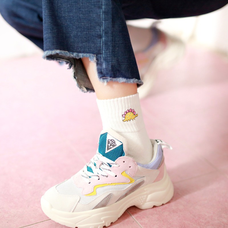 Vớ Cotton Cổ Ngắn Thêu Họa Tiết Khủng Long Dễ Thương Vui Nhộn Cho Nữ