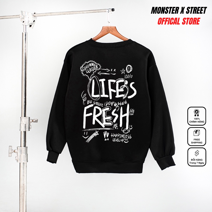 Áo dài tay trơn NỈ BÔNG Unisex Monster X Street LIFE FRESH Sweater Ulzzang cặp đôi nam nữ form rộng oversize Hàn Quốc