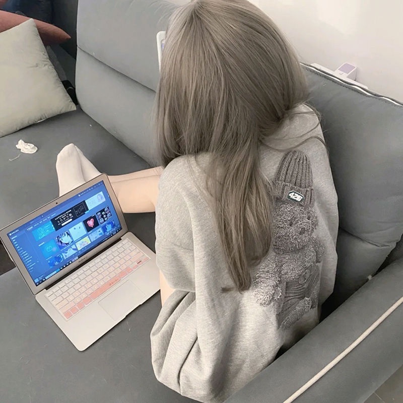 Áo sweater dáng rộng hình gấu phong cách Hàn Quốc thời trang mùa thu 2021 (2 loại màu xám tùy chọn)