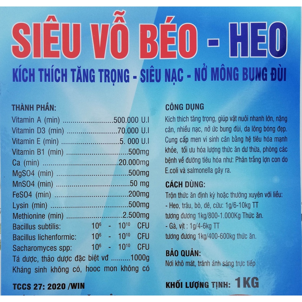 SIÊU VỖ BÉO HEO, LỢN, CHÓ, MÈO, KÍCH THÍCH TĂNG TRỌNG NHANH gói 1kg