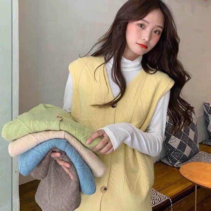 Áo len không tay cổ chữ v form rộng phong cách Hàn quốc