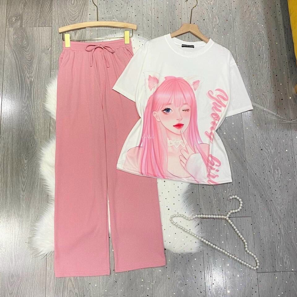 Set đồ nữ quần dài THUN GÂN TĂM ❤️ Đồ bộ hoạt hình form rộng Freesize Molly Fashion