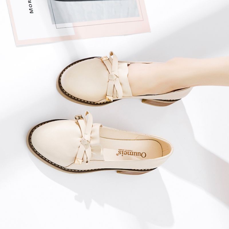 Giày Da Nữ Giày Búp Bê Đính Nơ 4 Phân Phong Cách Nhật Bản