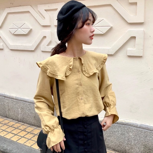 Áo thu ulzzang cổ bèo tay loe / Áo sơ mi nữ Hàn quốc tay bèo