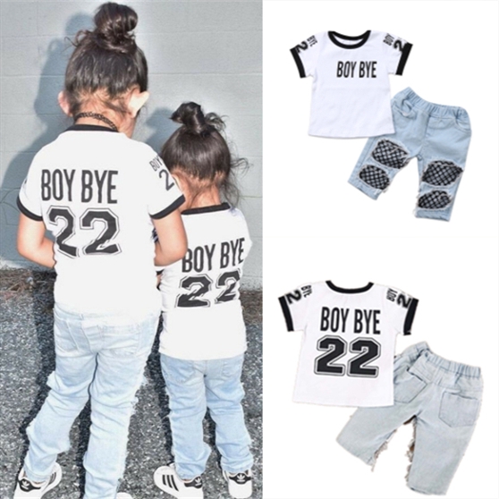 Set áo thun + Quần jeans phối lưới cho bé gái