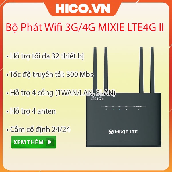 Bộ Phát WIFI 4G/ 3G LTE - MIXIE - 4 (3 Cổng Lan + 1 Cổng WAN) 4 Râu (Anten) Xe Khách, Lắp Camera - Thương Hiệu Thái Lan